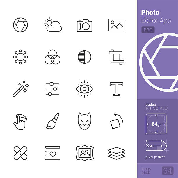 Photo Editor App Outline vector icons - PRO pack Photo Editor App related single line icons pack. touch screen photos stock illustrations