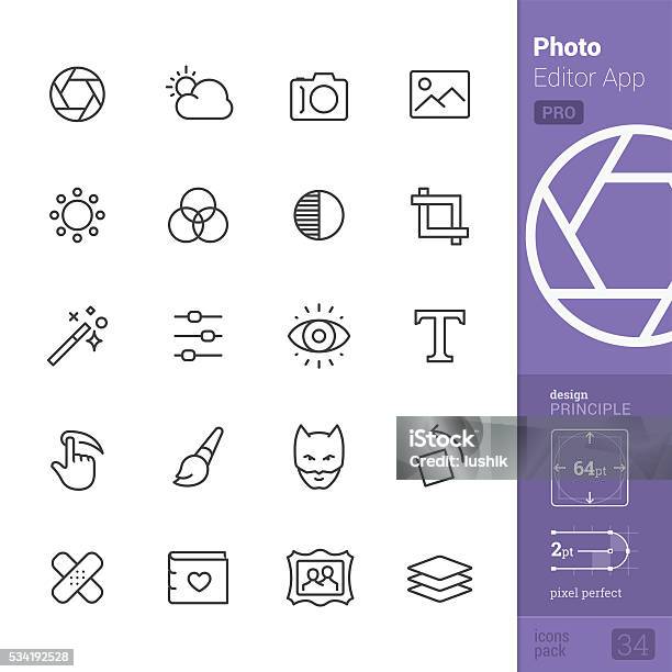 Photo Editor App Outline Vector Icons Pro Pack Stock Illustration - Download Image Now - Icon, Photograph, Lighting Technique