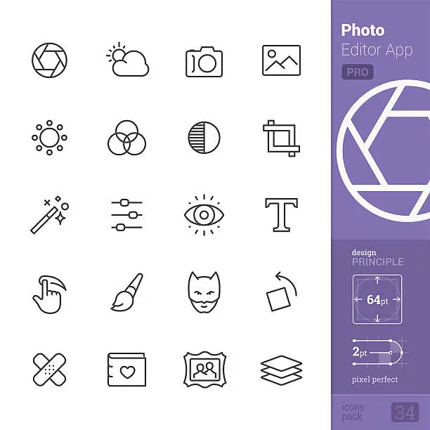 Vector illustration of Photo Editor App Outline vector icons - PRO pack