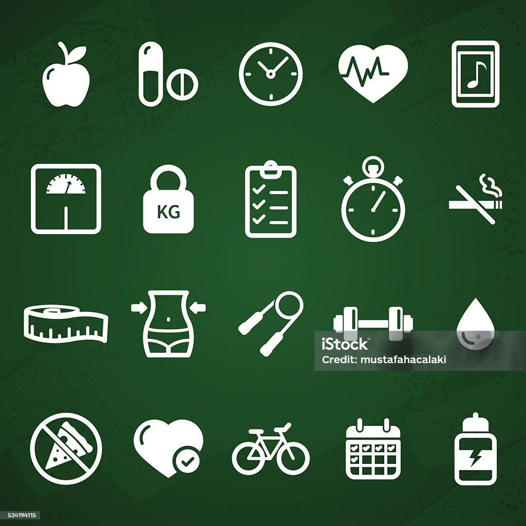 White fitness and healthy lifestyle icons Fitness and healthy lifestyle icons on green board. Eps8. Aics3 and hi-res jpg files are included. Chalk Drawing stock vector