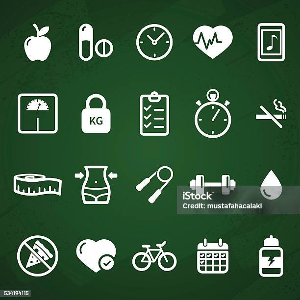 White Fitness And Healthy Lifestyle Icons Stock Illustration - Download Image Now - Chalk Drawing, Weights, Chalkboard - Visual Aid