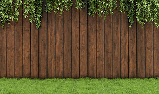 Garden with old wooden fence Garden with old wooden fence, grass and leaf plant-3D Rendering fence stock pictures, royalty-free photos & images