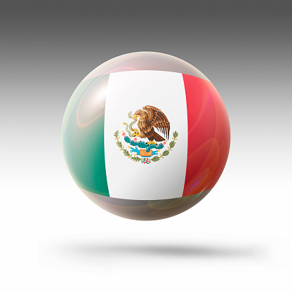 A square image of a levitating 3D bubble in a studio environment, on a white background, featuring the flag of Mexico. 