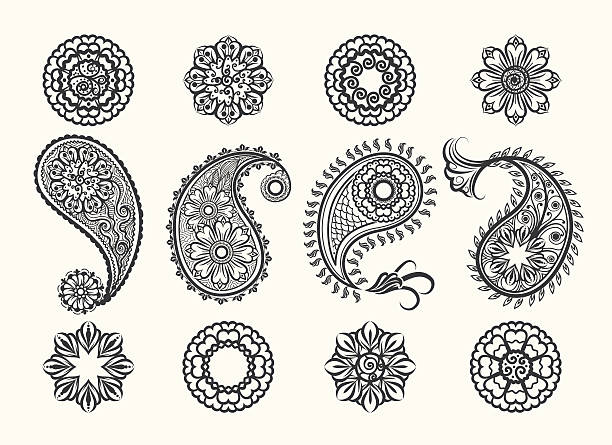 henna paisley-icons satz mit tatoo - hennatätowierung stock-grafiken, -clipart, -cartoons und -symbole