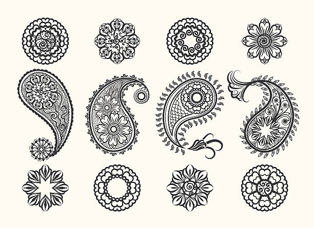 ilustrações de stock, clip art, desenhos animados e ícones de tatoo paisley conjunto de ícones de hena - paisley