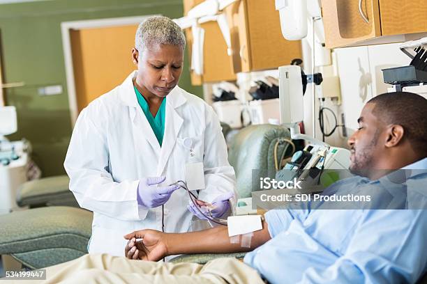 Phlebotomist Checking Line Whle Patient Donates Blood In Hospital Stock Photo - Download Image Now