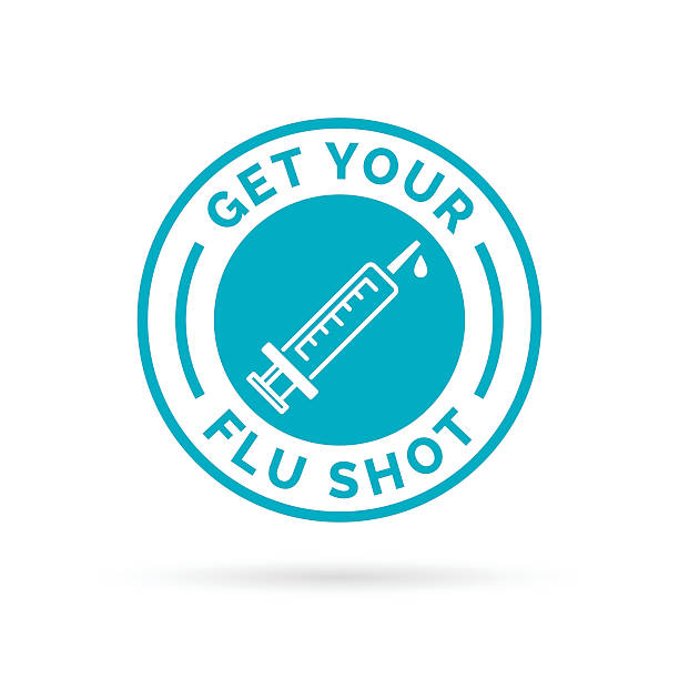 deine grippe aufnahme impfstoff spritze-symbol mit blauen schild. - grippeimpfstoff stock-grafiken, -clipart, -cartoons und -symbole