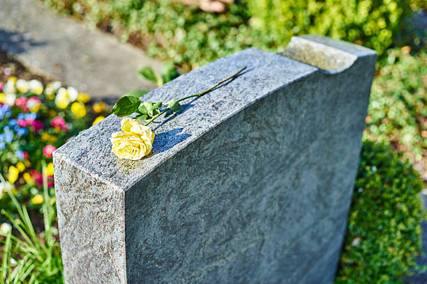 grief at on cemetery withered yellow rose on gravestone tombstone stock pictures, royalty-free photos & images