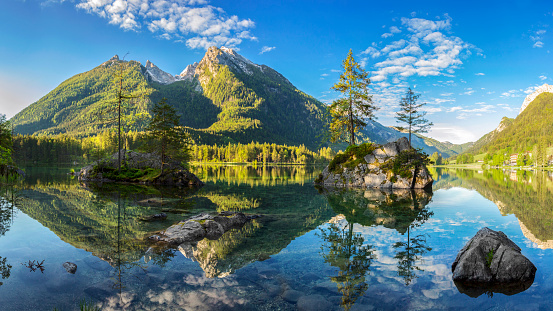 Amazing sunny summer day on the Hintersee lake in Alps, Europe.