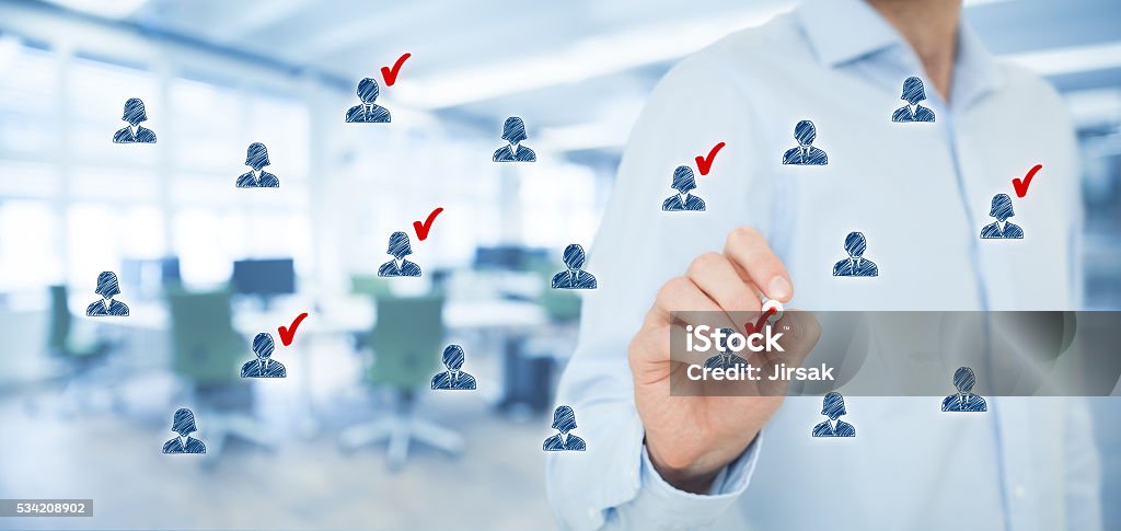 Marketing segmentation Marketing segmentation, target audience, customers care, customer relationship management (CRM), human resources, customer analysis and focus group concepts. Wide banner composition, office in background. Target Market Stock Photo