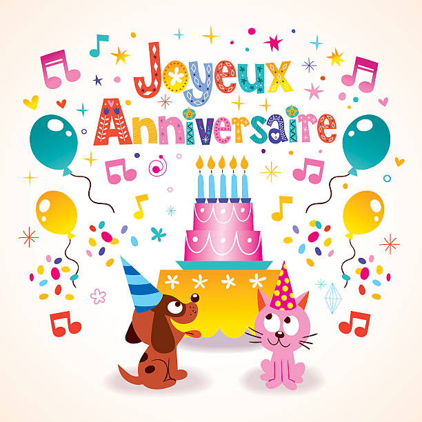 Joyeux Anniversaire Happy Birthday in French kids greeting card Joyeux Anniversaire Happy Birthday in French kids greeting card anniversaire stock illustrations