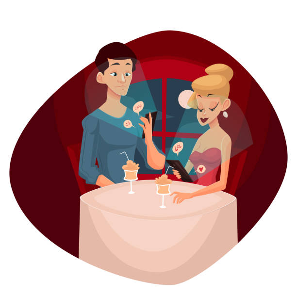date loving couple and mobile phone date loving couple and mobile phone, vector cartoon comic illustration, concept meeting couples in love and modern technology, evening the men and women who keep the phones do not notice each other couple on bad date stock illustrations