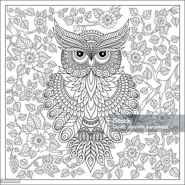 Exotic Birdfantastic Flowersbranches Leaves Stock Illustration - Download Image Now - Coloring Book Page - Illlustration Technique, Adult, Owl