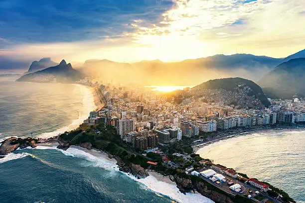 Copacabana and Ipanema beaches in Rio De Janeiro. Shot from helicopter, sunset time