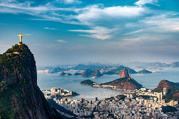 Rio De Janeiro Aerial Aerial view of Rio De Janeiro. Corcovado mountain with statue of Christ the Redeemer, urban areas of Botafogo, Flamengo and Centro, Sugarloaf mountain. christianity photos stock pictures, royalty-free photos & images