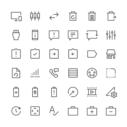 Set of 36 pixel perfect action icons with a thin line design