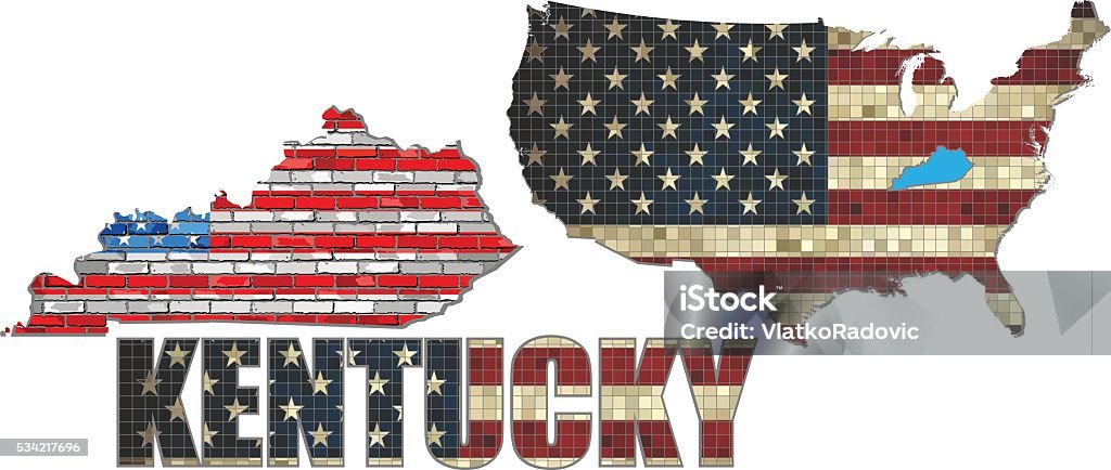 USA state of Kentucky on a brick wall USA state of Kentucky on a brick wall - Illustration, The flag of the state of Kentucky on brick textured background,  Kentucky Flag painted on brick wall, Font with the United States flag,  Kentucky map on a brick wall Architecture stock vector