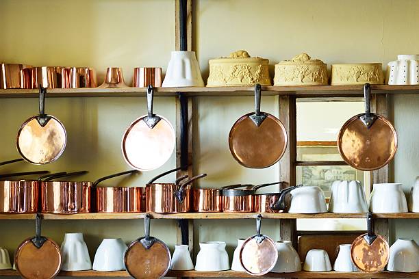 istock Copper  pots and pans on side of Wall 534218588