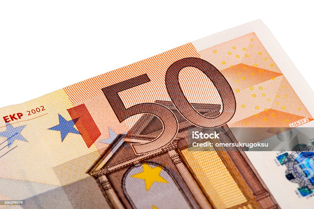 Fifty Euro Banknote Macro of Fifty Euro Banknote on white background. 2015 Stock Photo
