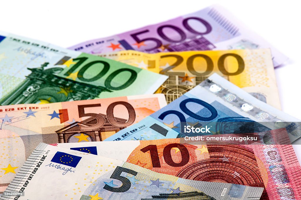 European Banknotes European Banknotes on white background. Focus on front. Euro Symbol Stock Photo