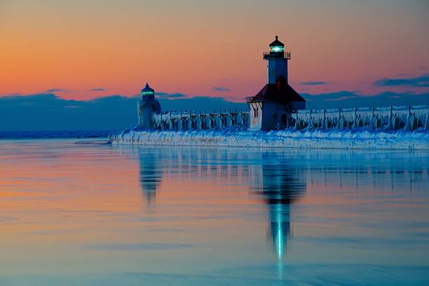 St. Joseph North Pier Lighthouse at Sunset stock photo