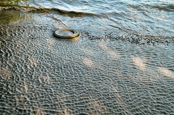 A discarded tyre sunk into the mud of the River Thames foreshore at low tide, small waves breaking over it. Dappled sunlight, cracks and mud ripples make the mud interesting. (Added grain.)