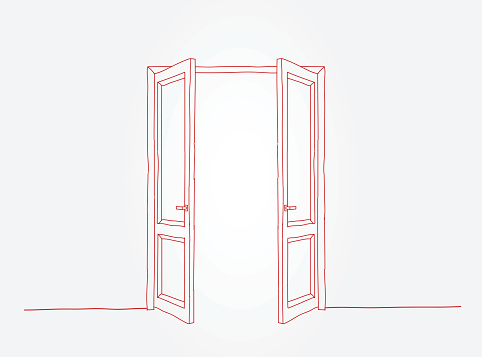 Two red contoured doors on the light grey background.