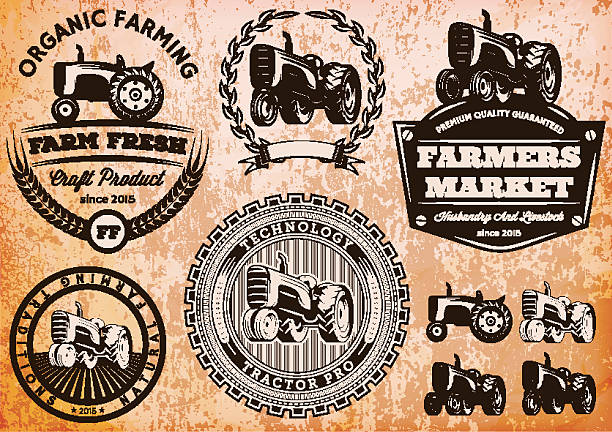 illustrazioni stock, clip art, cartoni animati e icone di tendenza di set di etichette con un trattore per bestiame e ritaglio - organic sign food community