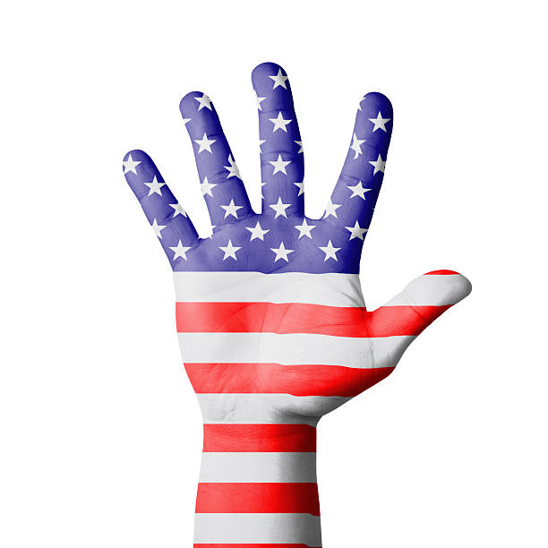 istock Open hand raised,  USA (America) flag painted 534265417