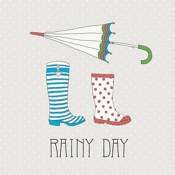 Vector illustration of Colored rubber boots with umbrella