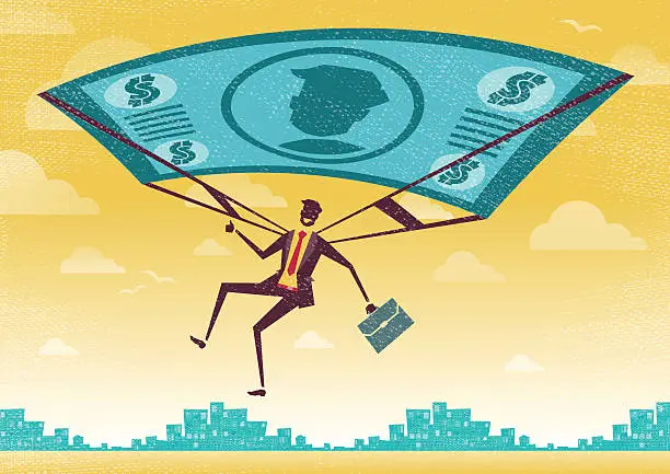 Vector illustration of Businessman uses his Financial Dollar Bill Parachute.