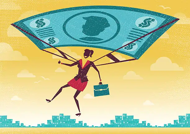 Vector illustration of Businesswoman uses her Financial Dollar Bill Parachute.