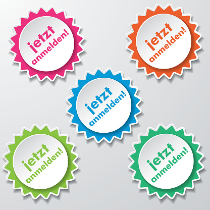 Colorfull star paper stickers with text Register Now. Eps 10 vector file.