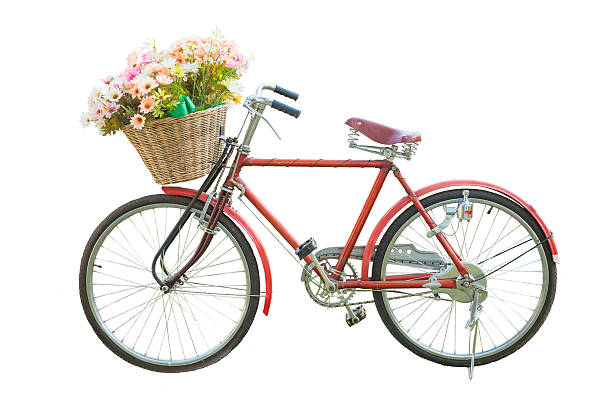 красный классический велосипед с цветком в корзине изоляции - bicycle isolated basket red стоковые фото и изображения