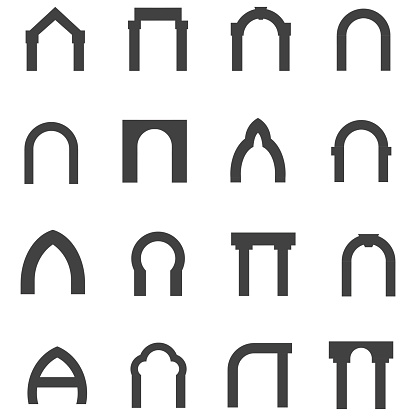 Set of black silhouette monolith vector icons for different types of arch on white background.