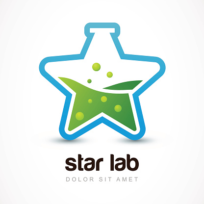 Star shaped flask with liquid, lab icon. Vector logo design template.