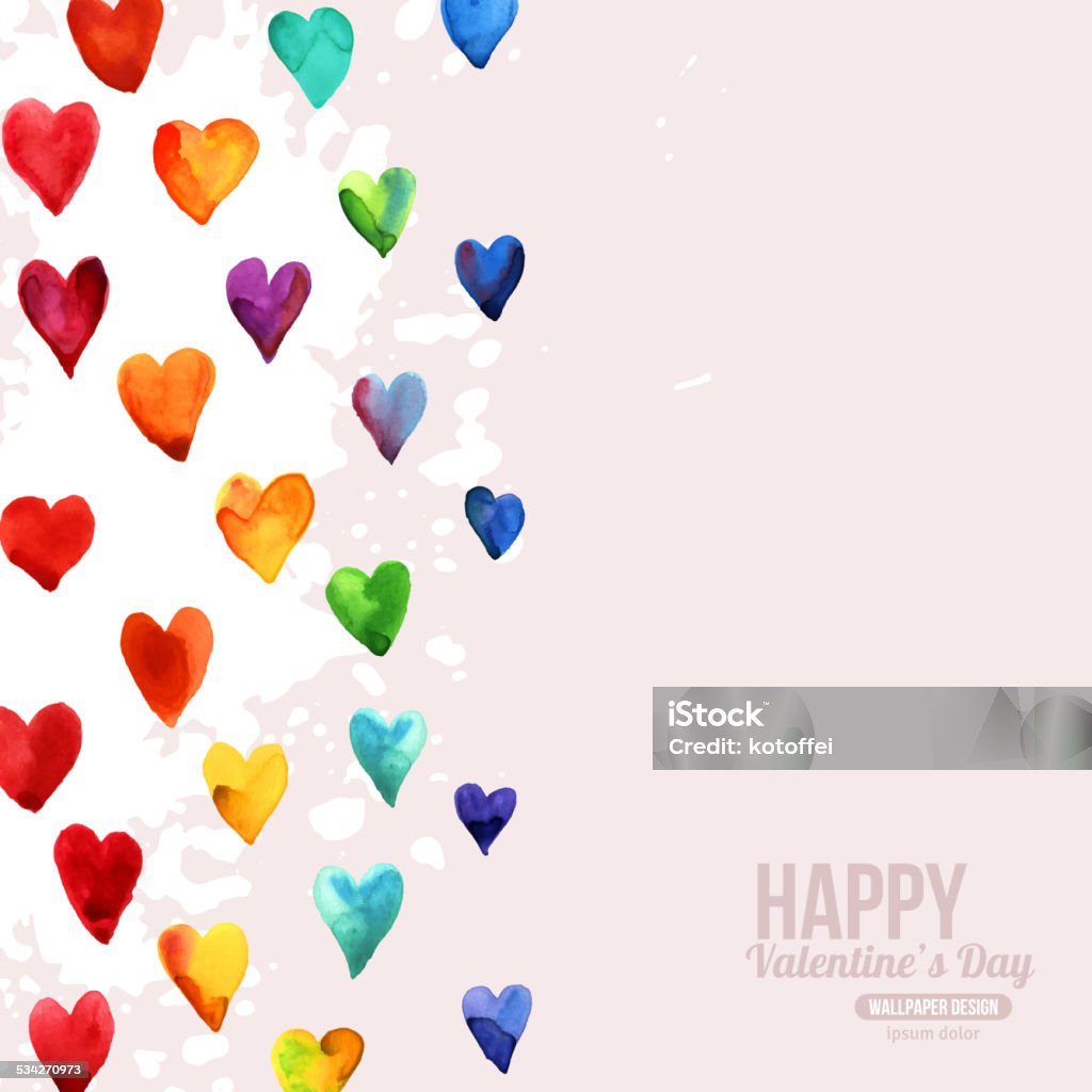 Rainbow Watercolor Happy Valentines Day Hearts. Rainbow Watercolor Happy Valentines Day Hearts. Aquarelle Holiday Vector Design. Many Rainbow Painted Hearts. Romantic Bright Lovely Design for Mothers Day. Watercolor Painting stock vector