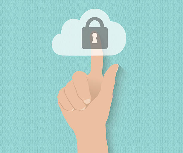 hand schieben eine virtuelle cloud security " - printing block cloud internet computer equipment stock-grafiken, -clipart, -cartoons und -symbole