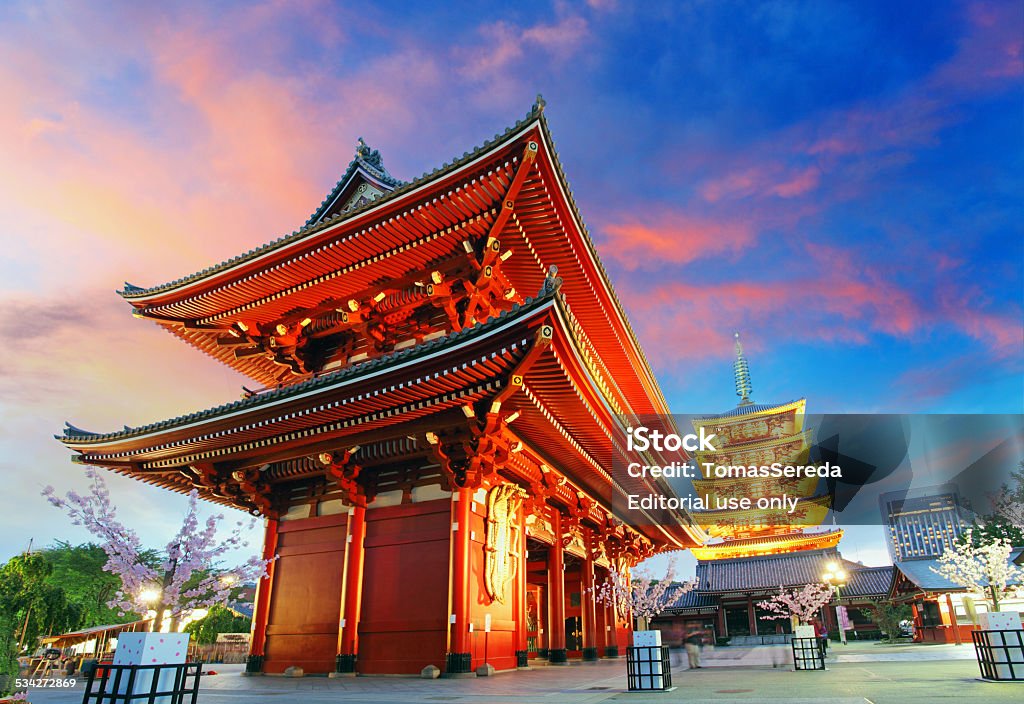 Tokyo - Senso-ji Temple Pagoda Asakusa Japan Tokyo, Japan - 1st May 2014: Senso-ji temple and five storey pagoda in the Asakus district of downtown Tokyo, Japan's vibrant capital city. Tokyo - Japan Stock Photo