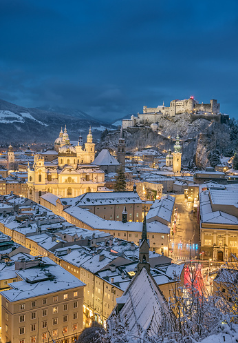 Salzburg the Birth Place of Mozart with the famous Hohensalzburg Festung covered in fresh Snow. Austria
