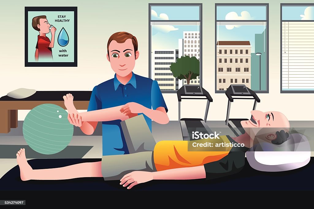 Physical therapist working on a patient A vector illustration of physical therapist examining old manâs leg at the hospital 2015 stock vector