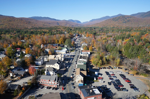 Woodstock New Hampshire, USA aerial photo made in October of 2014 showing the small town and the White Mountains.