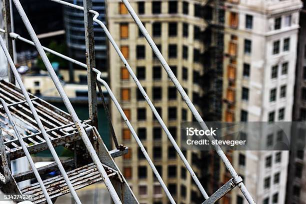 Fire Escape High Up In Chicago Stock Photo - Download Image Now - 2015, Architectural Feature, Architecture
