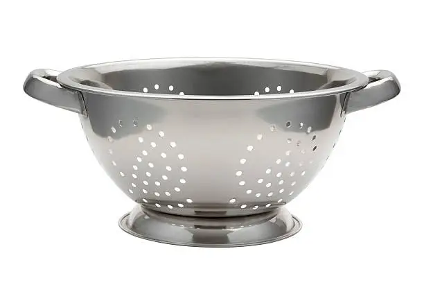 Stainless Steel Colander isolated on white with a clipping path. The image is in full focus, front to back.