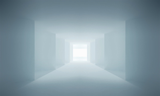 Abstract architecture background. Blue corridor Interior with corners, windows and shining light in the end