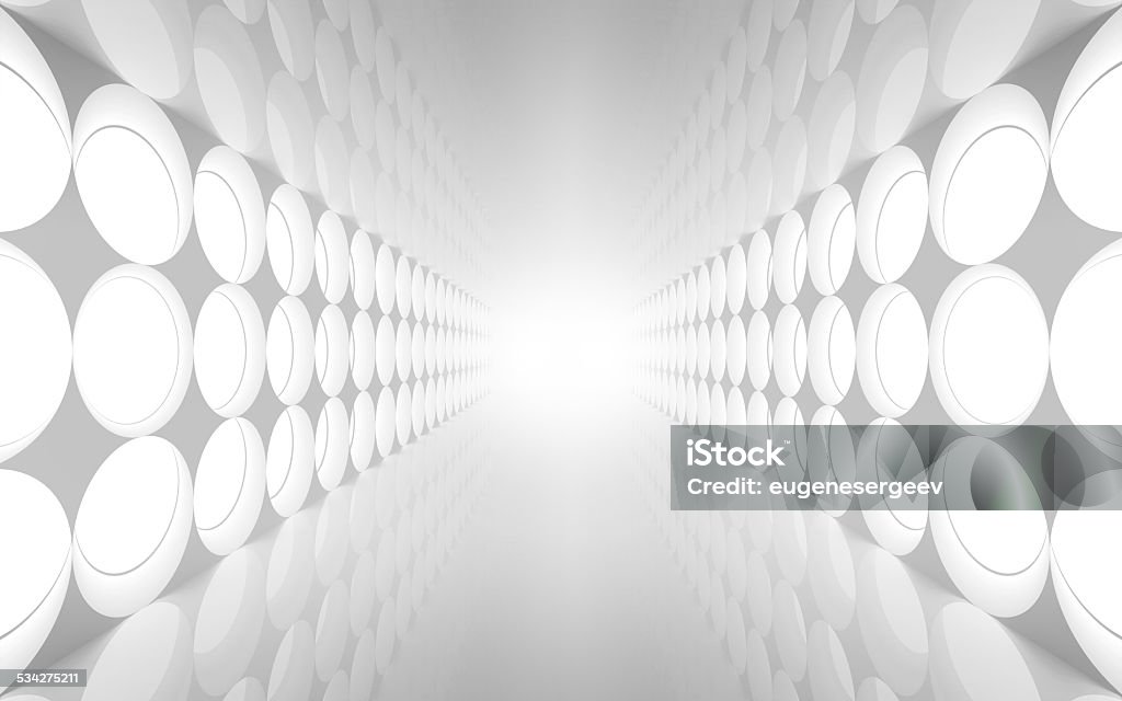White abstract 3d interior with round decoration White abstract 3d interior with round decoration lights pattern on the wall Vanishing Point Stock Photo
