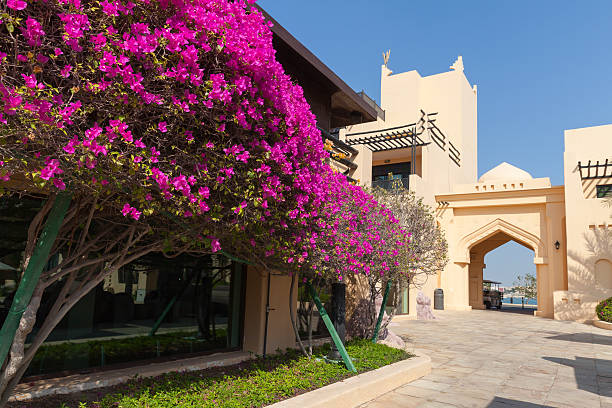 istock Classical Arabic style arch and bushes with pink flowers 534275213