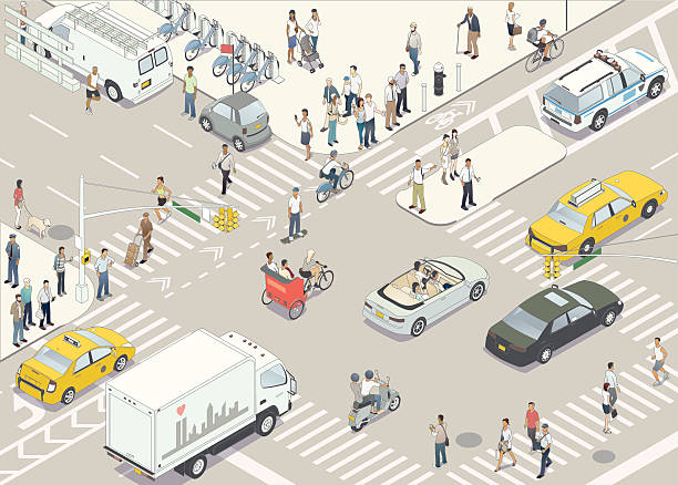 New York Street Illustration A detailed vector illustration of a New York City street, in isometric view, including fifty individual people and a mix of different vehicles. mode of transport illustrations stock illustrations