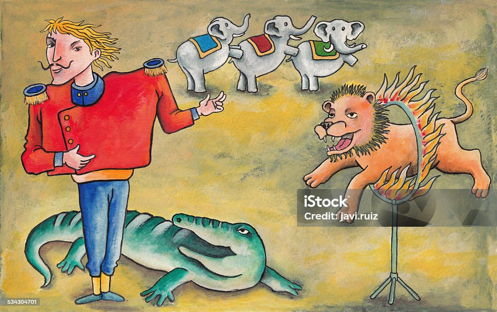 This is circus! A tamer acts in the circus. A lion through a hoop of fire, three elephants walk on two legs and crocodile watching the tamer.  Ringmaster Stock Photo