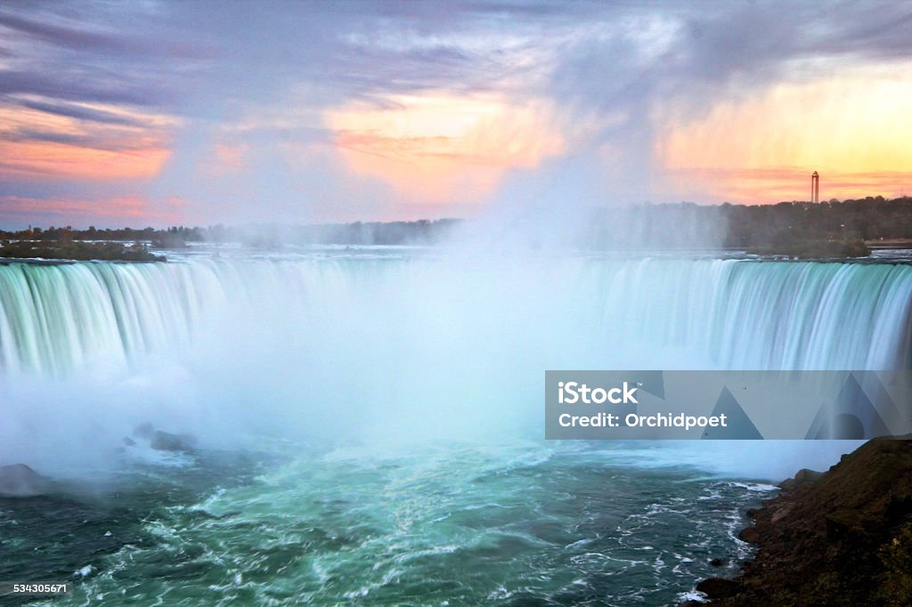 Niagara Falls Long Exposure Horseshoe Falls of Niagara Falls with long exposure and blurred motion at twilight 2015 Stock Photo